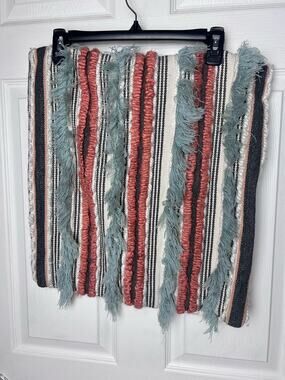 Pier 1 Imports Pillow Cover Boho Fringe Coral Blue Striped Cover 19" x 17.5"
